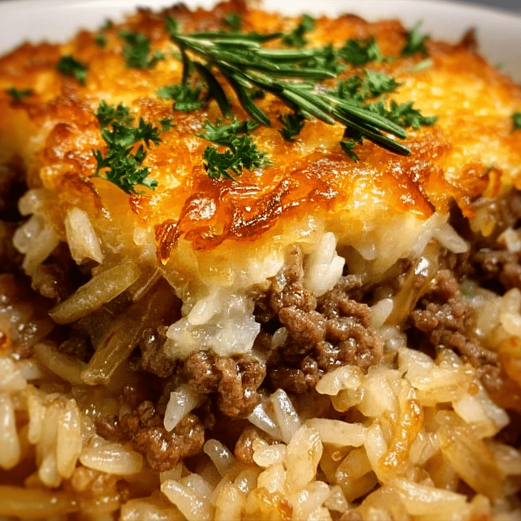 French Onion Ground Beef and Rice Casserole