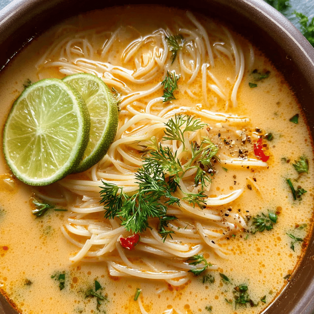 Coconut Curry Noodle Soup with Fresh Lime & Herbs