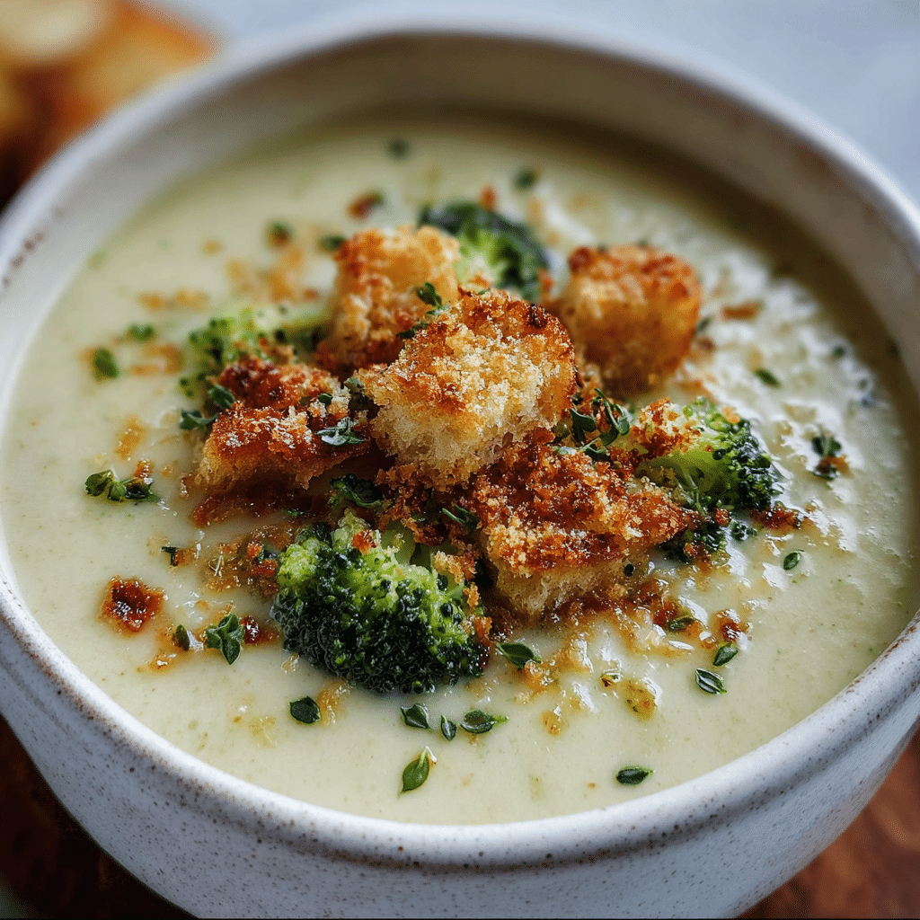 Creamy Broccoli Gruyère Soup with Garlic Breadcrumbs