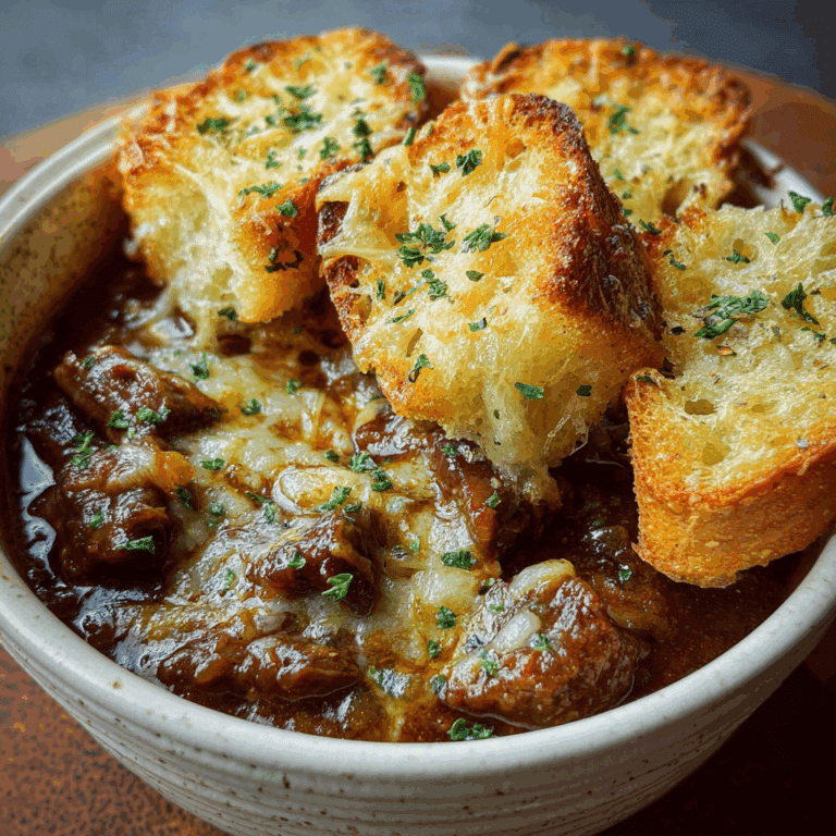 French Onion Beef Stew with Cheesy Bread Topping