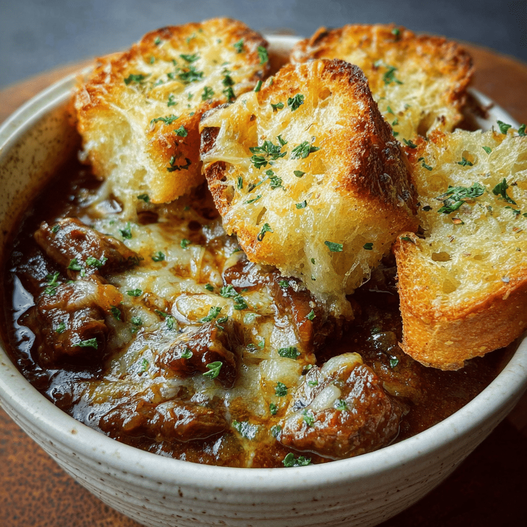 French Onion Beef Stew with Cheesy Bread Topping
