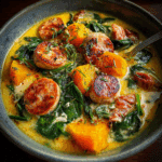 Roasted Butternut, Chicken Sausage & Spinach Soup