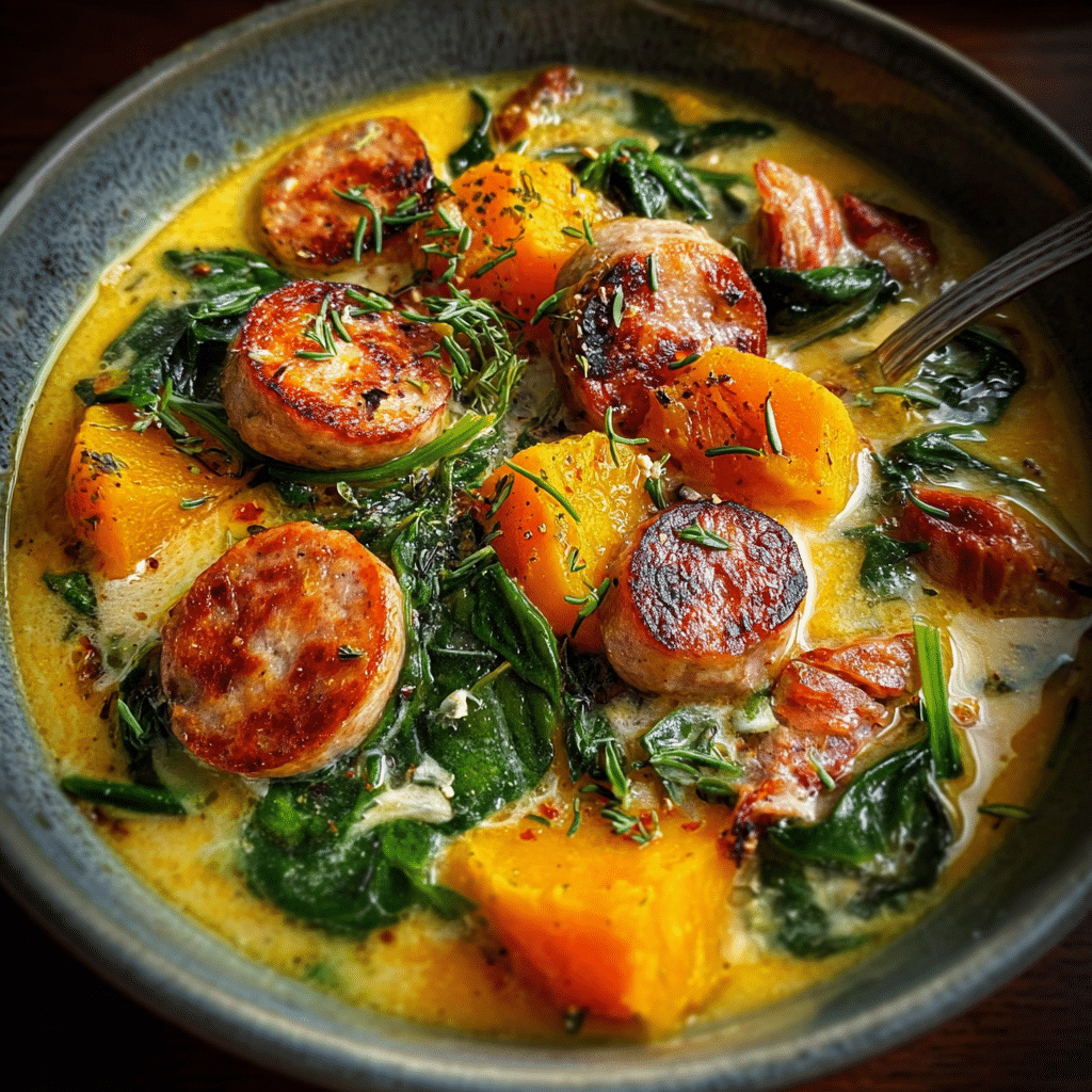 Roasted Butternut, Chicken Sausage & Spinach Soup