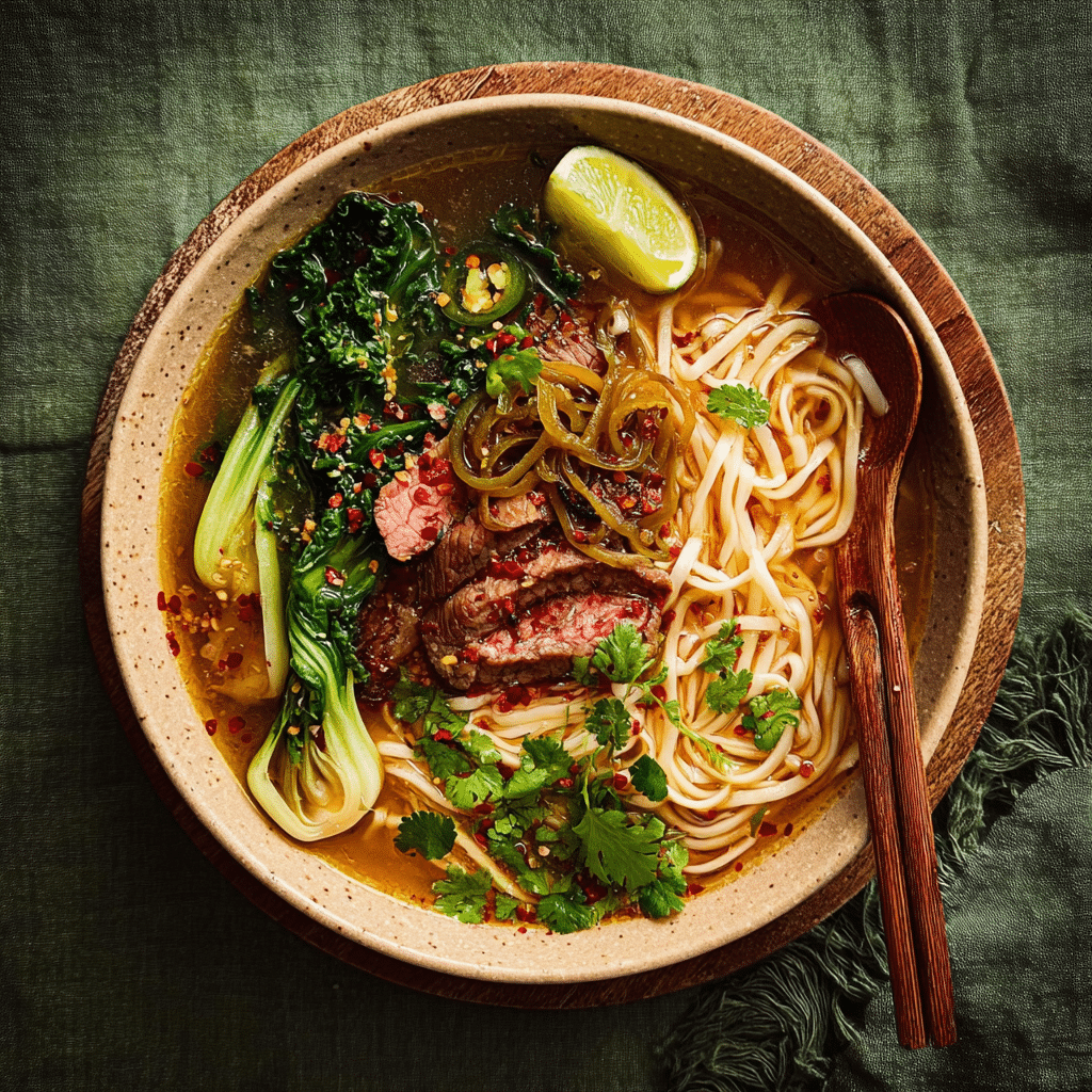 Spiced Steak Noodle Soup with Pickled Greens