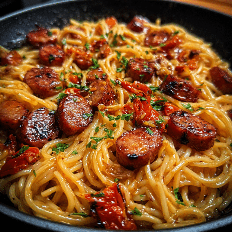 Sticky Honey Garlic Sausage Pasta Skillet