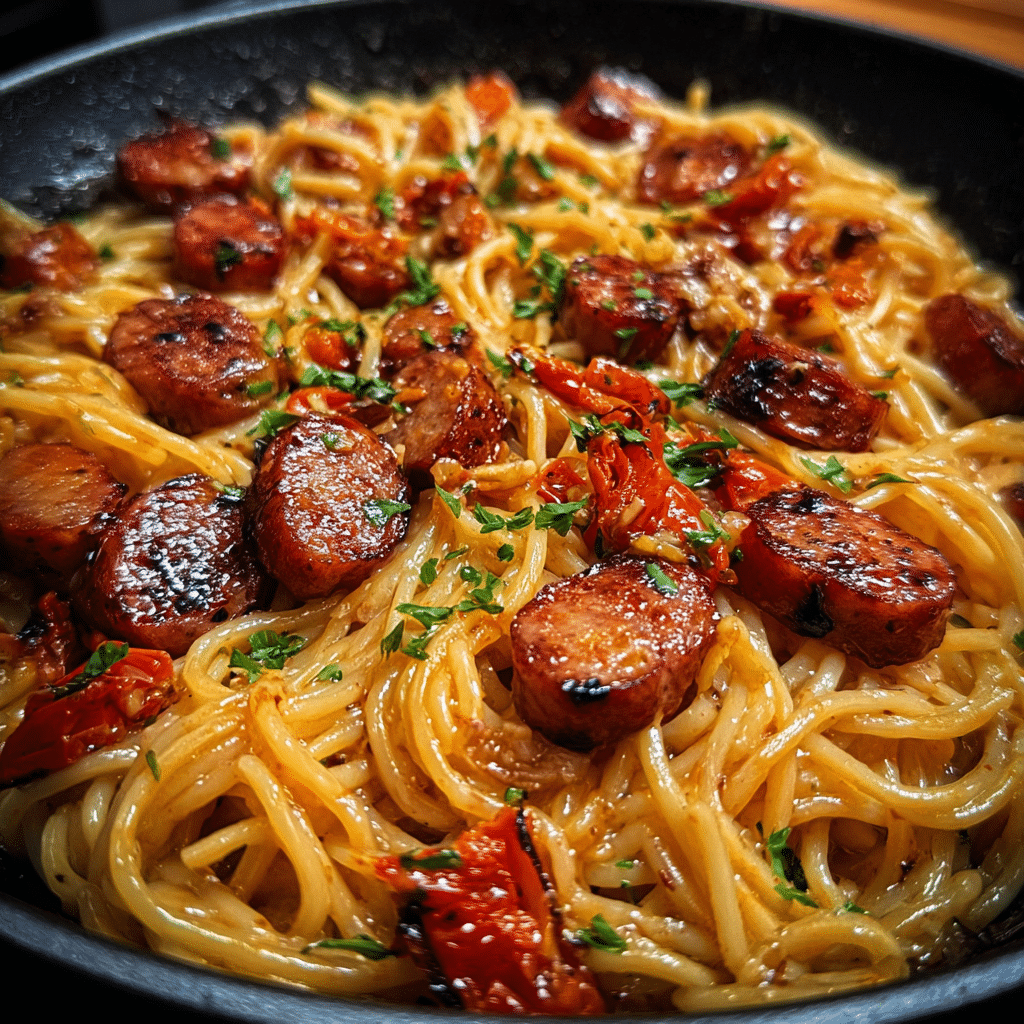 Sticky Honey Garlic Sausage Pasta Skillet
